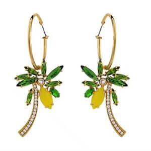 New Betesy Johnson Gold and Green Tropical Coconut Tree Crystal Hoop Earrings